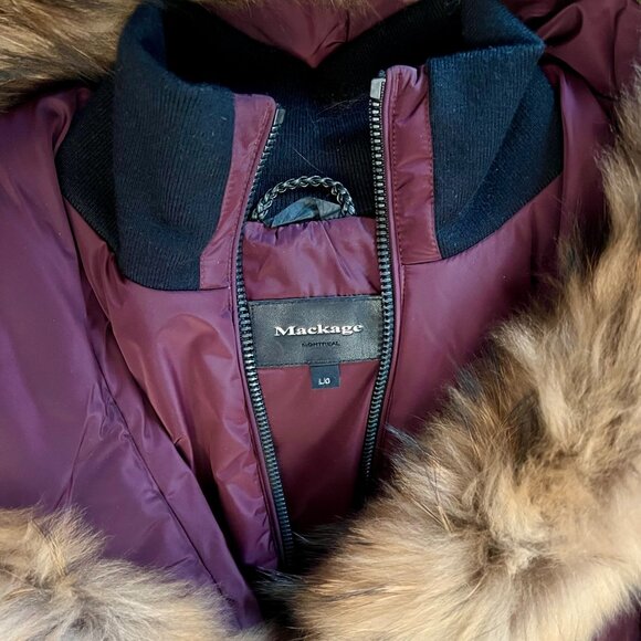 Mackage Burgundy Down Coat with Natural Fur Trip - Exce Condition, Size L-10 - Picture 5 of 10